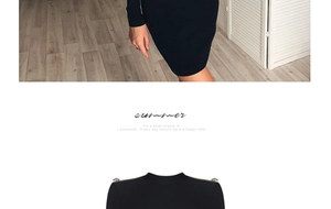 Detail of shoulder gold chain accents and rivet buttons on black long sleeve bandage dress