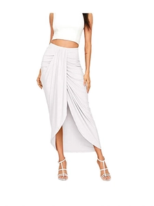 Elegant white high-waisted wrap skirt with asymmetrical drape and front slit detail