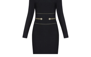 Close-up of gold buttons and striped embroidery on black long sleeve bandage dress