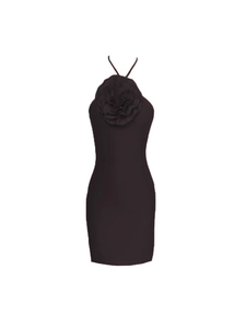 Robe de soirée mini moulante noire à licou avec grande fleur 3D sur le devant