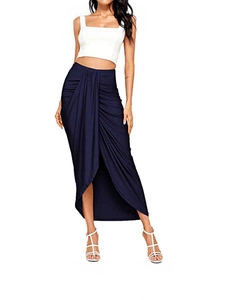 Women's high waist split skirt in navy blue featuring asymmetric draped front wrap hem