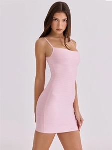 Pink elastic bandage mini dress with thin straps and bodycon fit for party wear