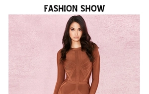 Detail of a brown bandage dress featuring textured cross-weave fabric and slim fit design