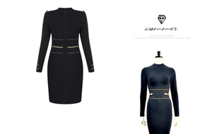 Detail of gold braided trim and metal buttons on black bandage mini dress