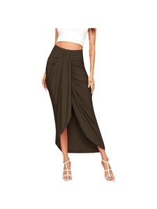 Women's high waist draped wrap maxi skirt with asymmetric slit in olive brown finish