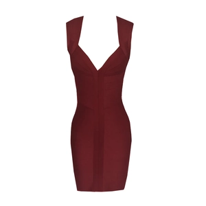Detail of wine red bandage dress with deep V-neckline and tight bodycon ribbing texture