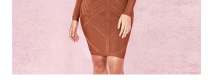 Detail showing brown bandage dress texture with tight cross-weave fabric and slim fit design