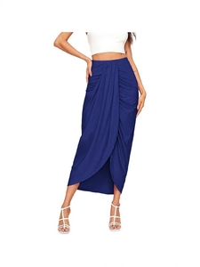 Royal blue high waist wrap skirt with front drape pleats and asymmetric slit detail