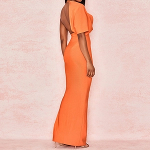 Elegant orange backless one-shoulder split maxi dress for women in a slim fit style