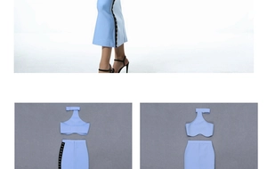 Détail de l'ensemble deux pièces bleu bébé avec haut dos nu et jupe à lacets latéraux