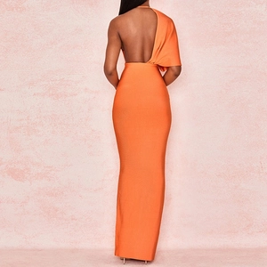 Elegant orange one-shoulder backless evening gown with slit and textured fabric finish