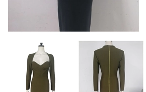 Détail de la robe moulante vert olive avec décolleté en cœur et fermeture éclair dorée