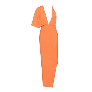 Elegant bright orange V-neck evening gown with asymmetric ruffle and side slit detail