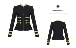 Detailed front and back view of black military jacket with gold braid and metal buttons