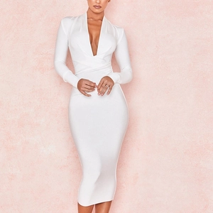 Elegant white V-neck long sleeve bandage dress with figure-hugging bodycon silhouette