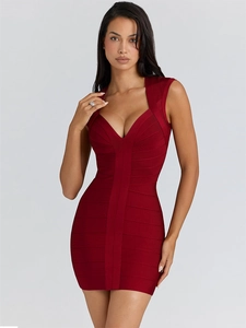 Sexy wine red bandage mini dress with deep V-neck and sleeveless bodycon fit