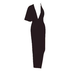 Elegant black deep V-neck long evening dress with asymmetric single sleeve and side slit