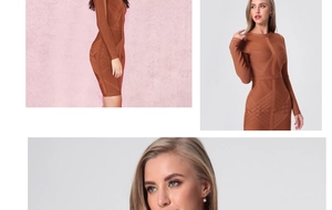 Detail of a brown long-sleeve bodycon bandage dress with high elasticity and knitted texture