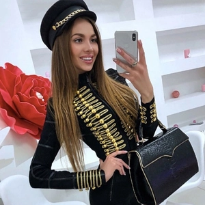 Women Vintage Military Style Jacket Gold Braided Napoleon Stand Collar Slim Fit Long Sleeve Black Outwear Coat