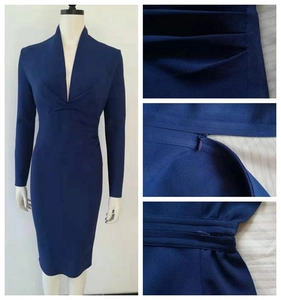 Detail of navy blue V-neck long sleeve bandage dress with high-quality invisible back zipper