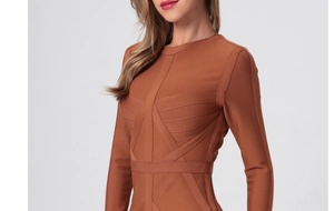 Detailed view of terracota bandage dress fabric texture and multi-way stitching