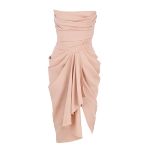 Elegant apricot strapless pleated dress featuring a chic split hem and layered draping