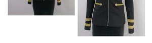 Detail of black jacket with gold stripe bands and decorative embossed metal buttons