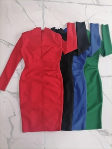 Detailed view of long sleeve bodycon dresses in red, black, blue and green color options