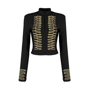 Women's black military jacket with gold braided frog fasteners and stand-up collar