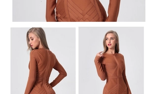 Detail of caramel bandage dress showing ribbed texture, round neck and back zipper