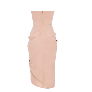 Sleeveless backless apricot tube midi dress with ruched details and invisible back zipper
