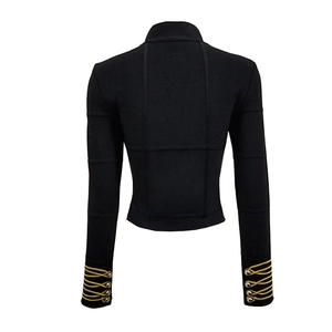 Detail view of military jacket back featuring gold braided trim and metal buttons on cuffs