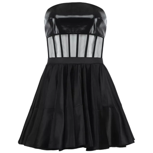 Black strapless mini dress with faux leather bodice, sheer mesh waist, and pleated satin skirt