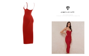 Detail view of red bandage bodycon dress featuring slim straps and invisible back zipper