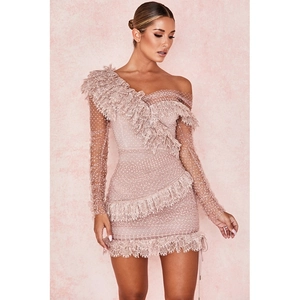 Sexy One Shoulder Polka Dot Mesh Lace Mini Bodycon Dress For Women Elegant Ruffle Ruched Party Club Long Sleeve Dress