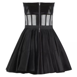 Black strapless A-line dress with leather bodice, sheer mesh waist and full satin skirt