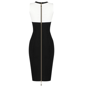 Elegant sleeveless black and white contrast bandage dress with gold back zipper closure
