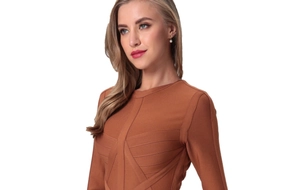 Detailed texture of caramel bandage bodycon dress with ribbed fabric and long sleeves
