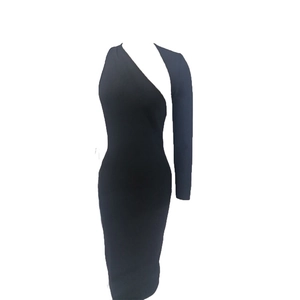 Elegant women's black off-shoulder asymmetrical bodycon dress with one long sleeve