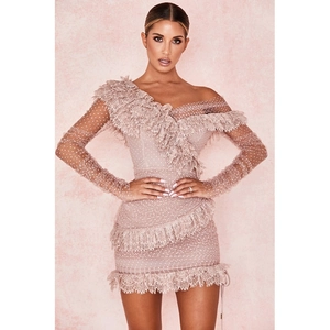 Elegant one shoulder lace mini dress in dusty pink with ruffled mesh detailing and long sleeves