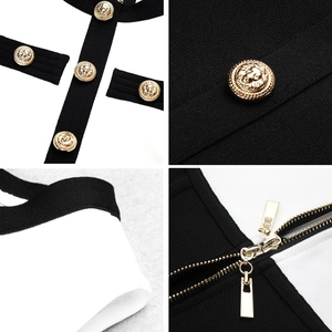 Elegant black and white contrast bandage dress featuring gold lion head buttons and zipper