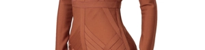 Detail of brown long-sleeve bandage dress featuring layered textured knit fabric