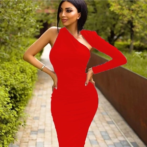 Detail of red one-shoulder long sleeve bodycon dress showing the asymmetrical back design