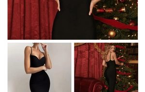 Close-up of the sweetheart neckline and slim straps on a black bodycon bandage dress