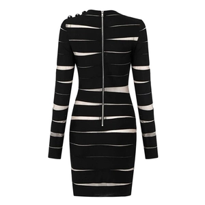 Klassisches schwarz-weiß gestreiftes Langarmkleid mit Mesh und durchgehendem Reißverschluss