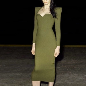 Robe Femme Élégante Col en Cœur Épaulières Ajourée Bodycon Midi Manches Longues Bustier Robe de Soirée Fête Vestidos