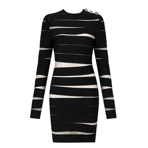 Schwarzes Mini-Kleid für Damen mit Netzstreifen-Einsätzen und Schulterknöpfen