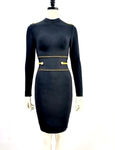 Military style black bandage mini dress featuring gold buttons and long sleeves on a mannequin