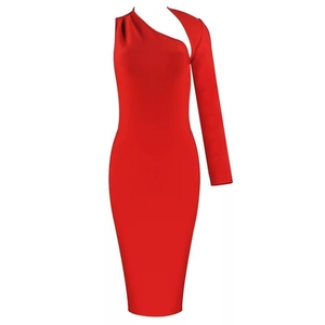 Detail of red one-shoulder bodycon dress featuring elegant cutout neckline and long sleeve