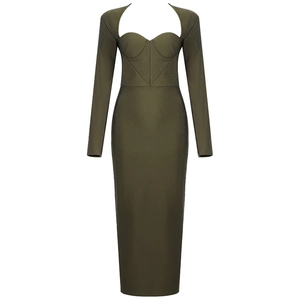 Robe midi moulante vert olive à manches longues avec bonnets bustier et décolleté ajouré